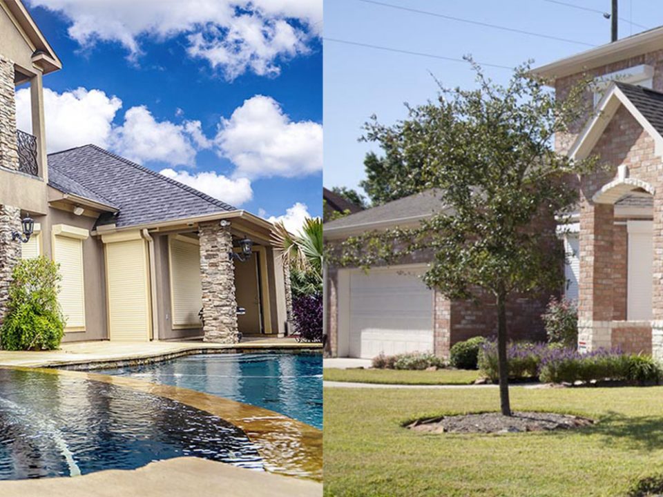 Two Houses with Exterior Rolling Shutters Installed at Windows and Doors