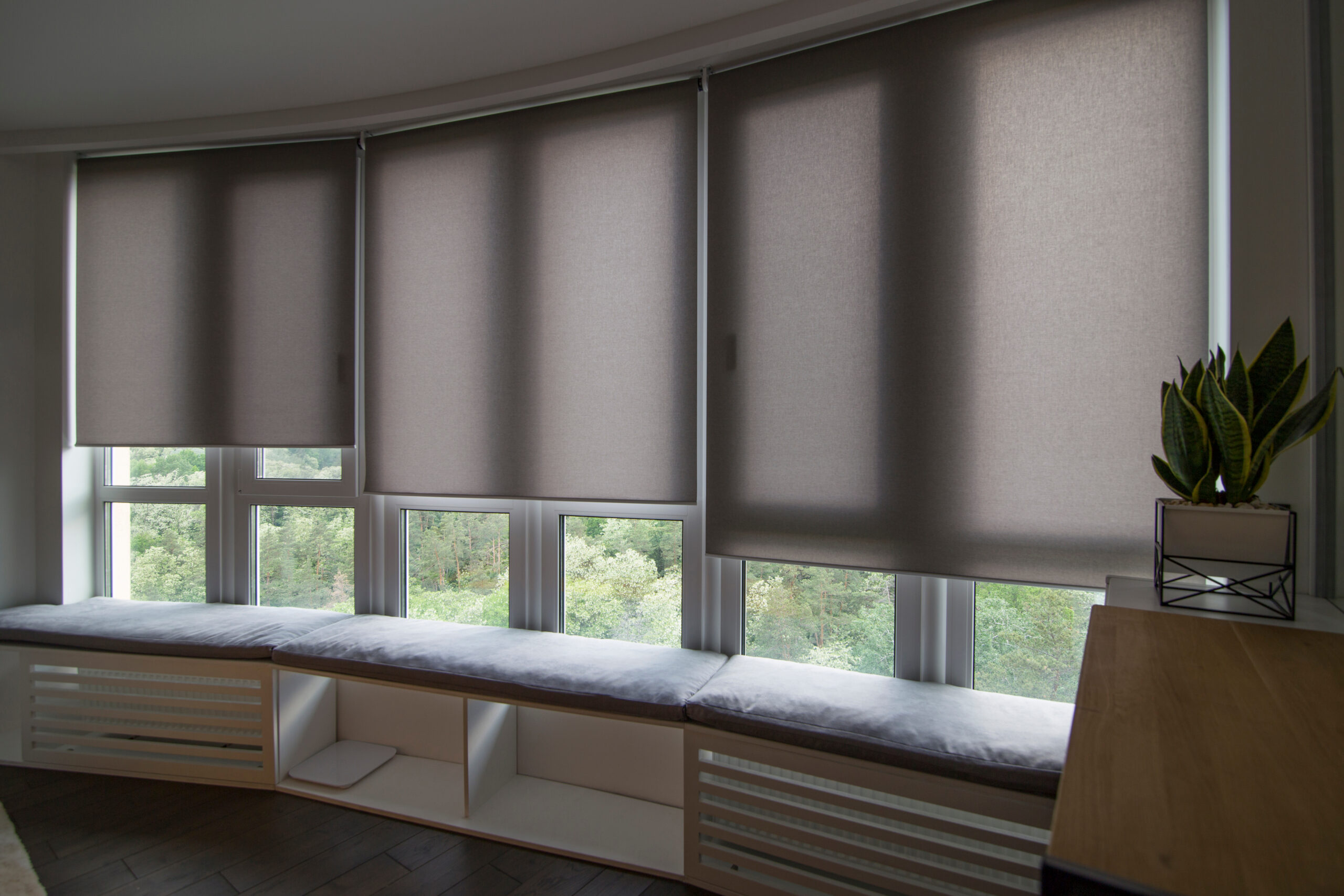 Motorized roller shades in the interior. Automatic roller blinds beige color on big glass windows. Home luxury curtains are above the windowsill with pillows. Summer. Green trees outside.